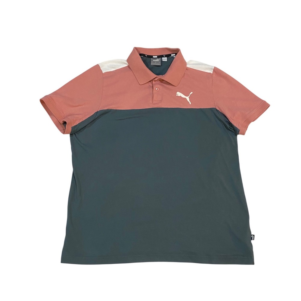 Puma Mens Colorblock Polo Shirt Salmon Pink Teal White Cotton 670556-42 Large
